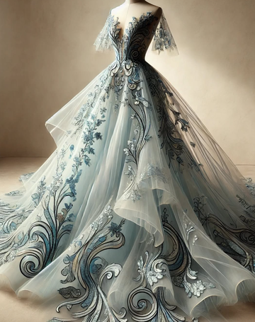 2025 New A Line V Neck Appliques Blue Tulle Long Prom Dress Evening Dress HZ1023